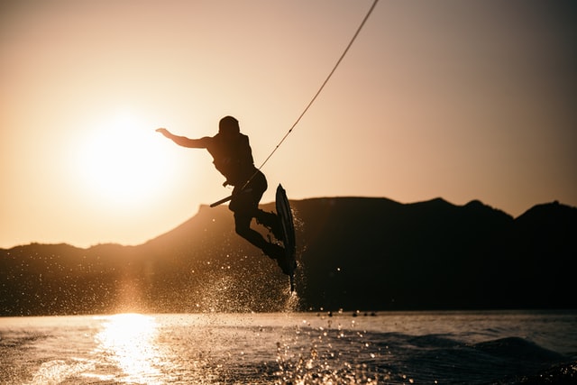 wakeboarding during sunset